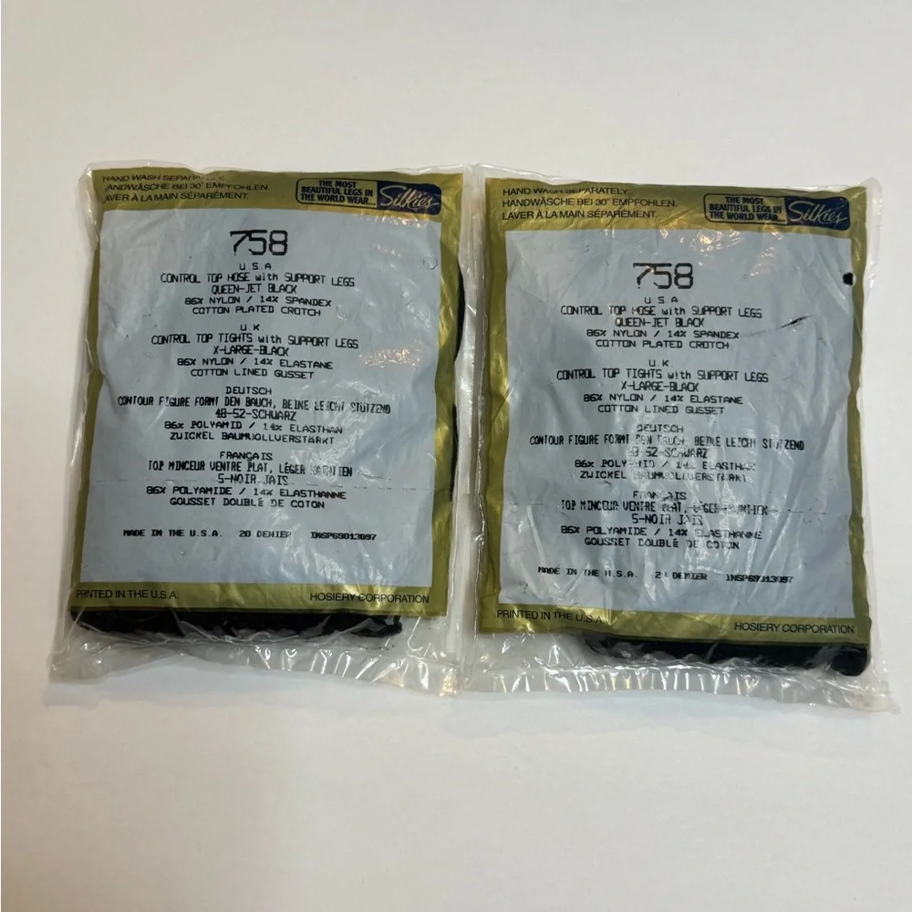 Silkies Pantyhose / Nylons Queen XL Jet Black Control Top #758 Made In USA LOT‎